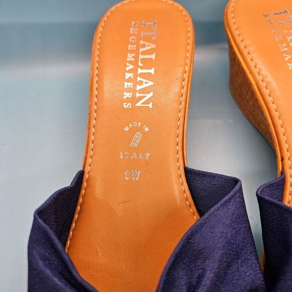 Italian Shoemakers‎ Navy Blue Triple Strap w Silver Accent Wedge Slip On 9W Wide - Picture 3 of 6